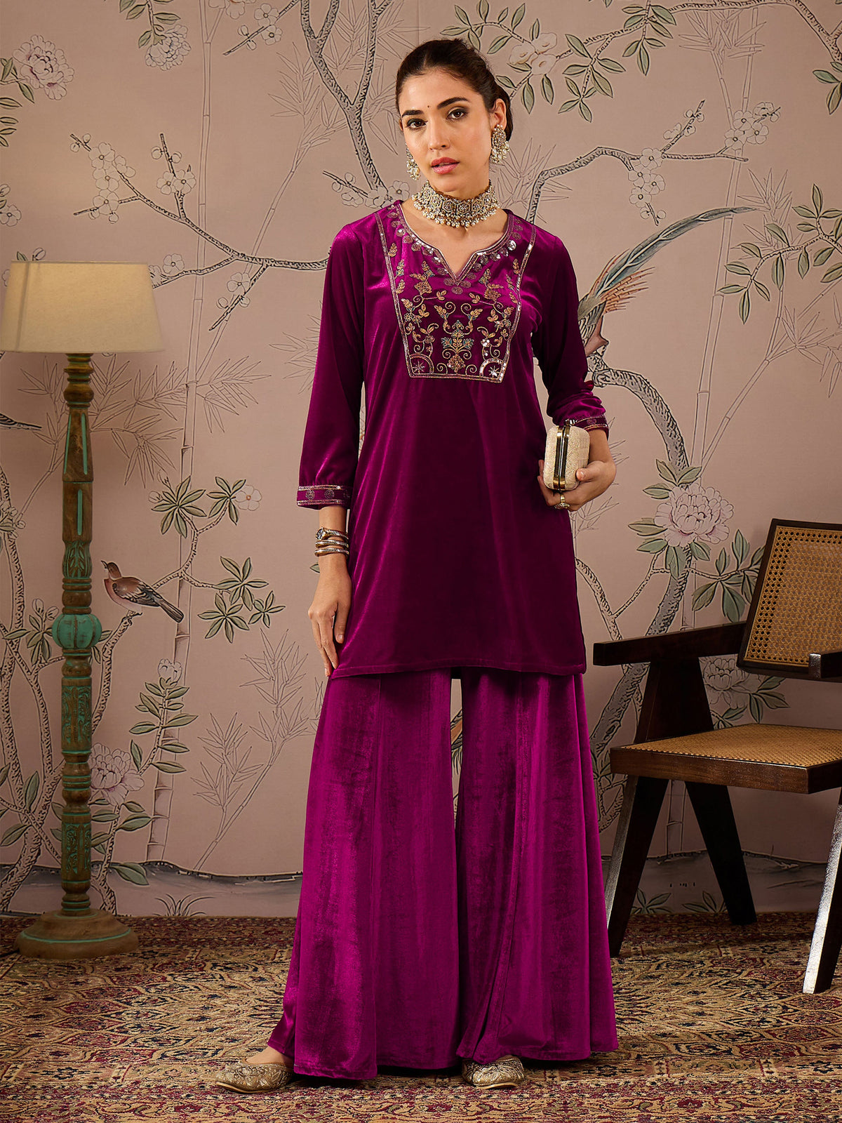 Fuchsia Velvet Embroidered Short Kurta With Palazzo Pants -Shae by SASSAFRAS