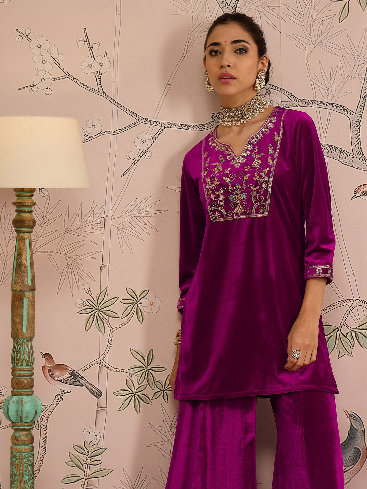 Fuchsia Velvet Embroidered Short Kurta With Palazzo Pants -Shae by SASSAFRAS