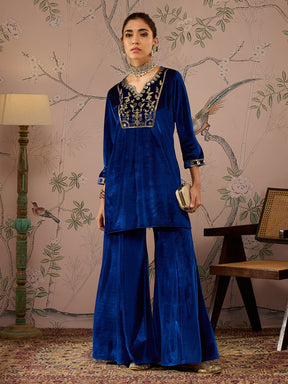 Royal Blue Velvet Embroidered Kurta With Palazzo Pants -Shae by SASSAFRAS