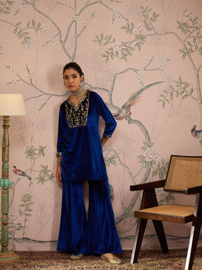 Royal Blue Velvet Embroidered Kurta With Palazzo Pants -Shae by SASSAFRAS