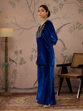 Royal Blue Velvet Embroidered Kurta With Palazzo Pants -Shae by SASSAFRAS