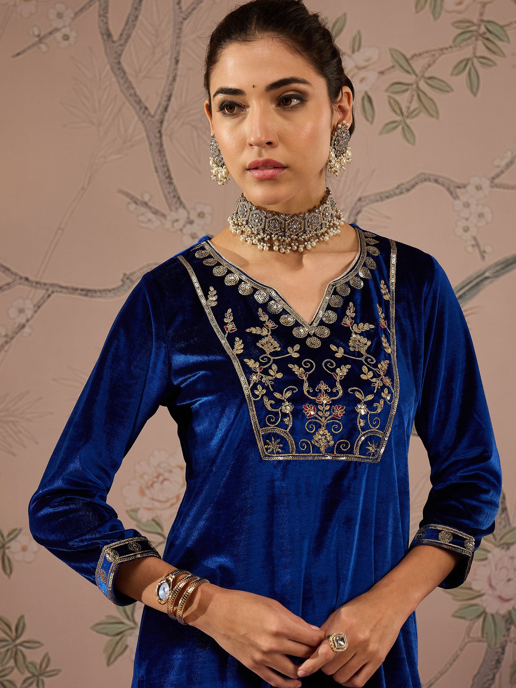 Royal Blue Velvet Embroidered Kurta With Palazzo Pants -Shae by SASSAFRAS