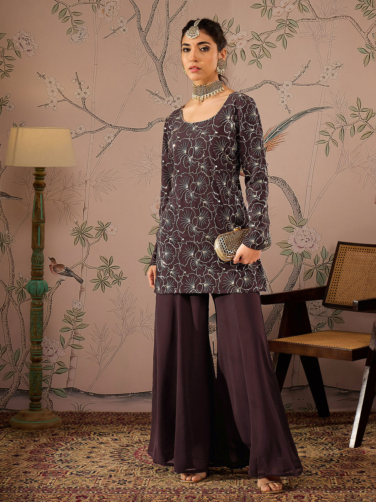 Brown Sequins Short Kurta With Solid Palazzo Pants -Shae by SASSAFRAS