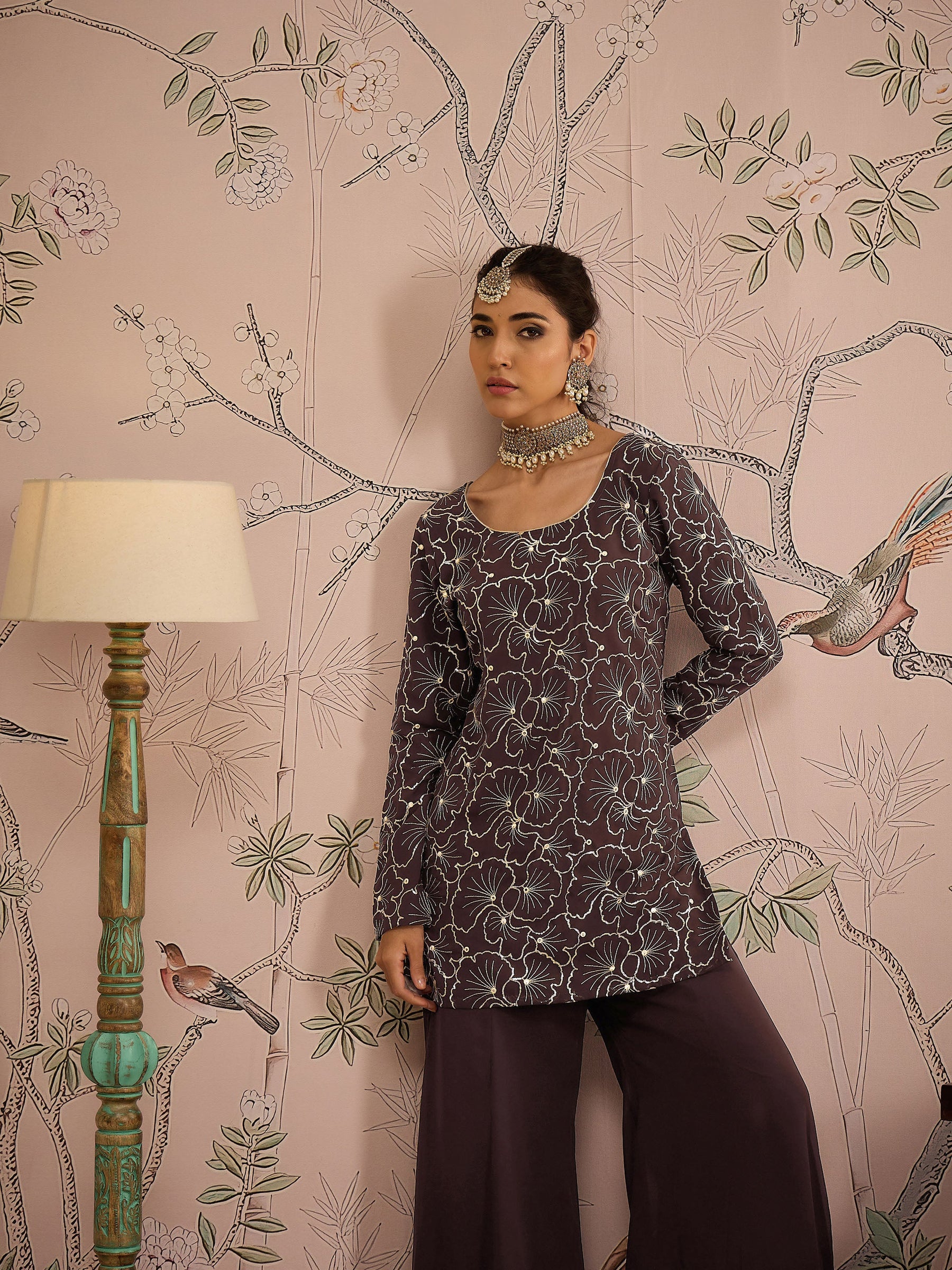 Brown Sequins Short Kurta With Solid Palazzo Pants -Shae by SASSAFRAS