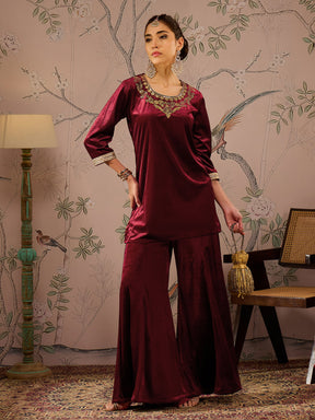 Maroon Velvet Embroidered Short Kurta With Palazzo Pants -Shae by SASSAFRAS