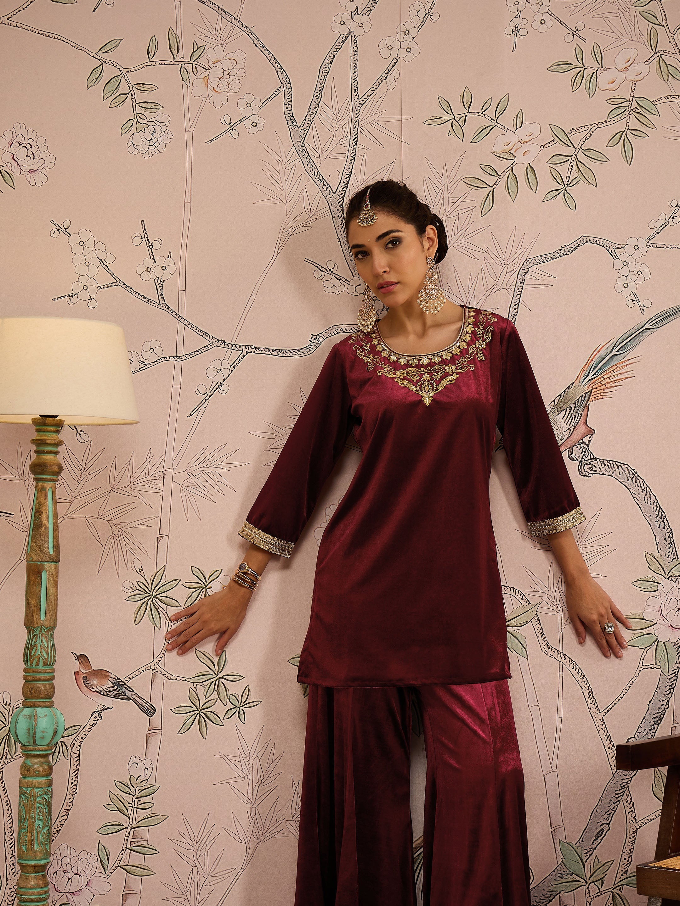 Maroon Velvet Embroidered Short Kurta With Palazzo Pants -Shae by SASSAFRAS