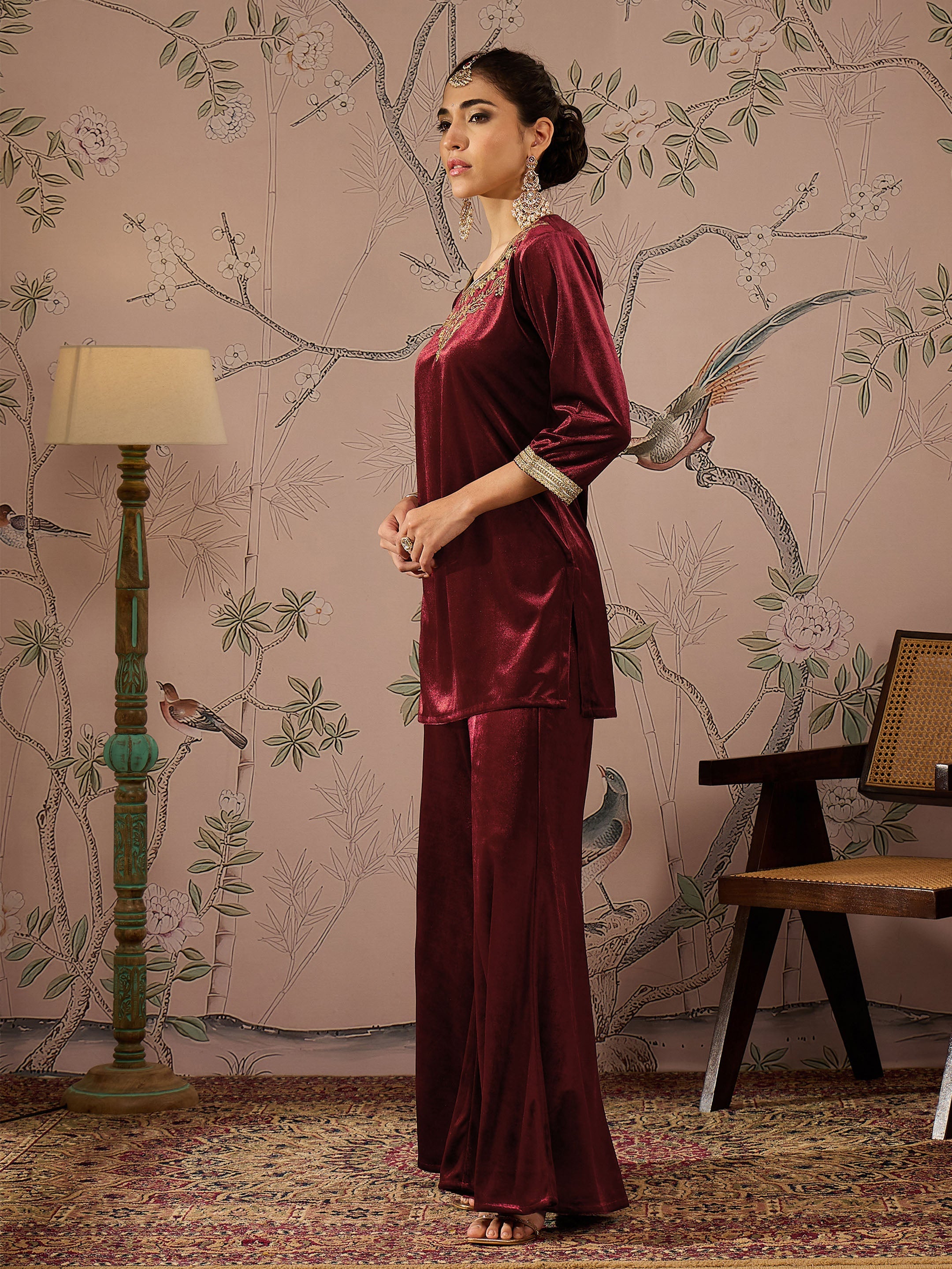 Maroon Velvet Embroidered Short Kurta With Palazzo Pants -Shae by SASSAFRAS