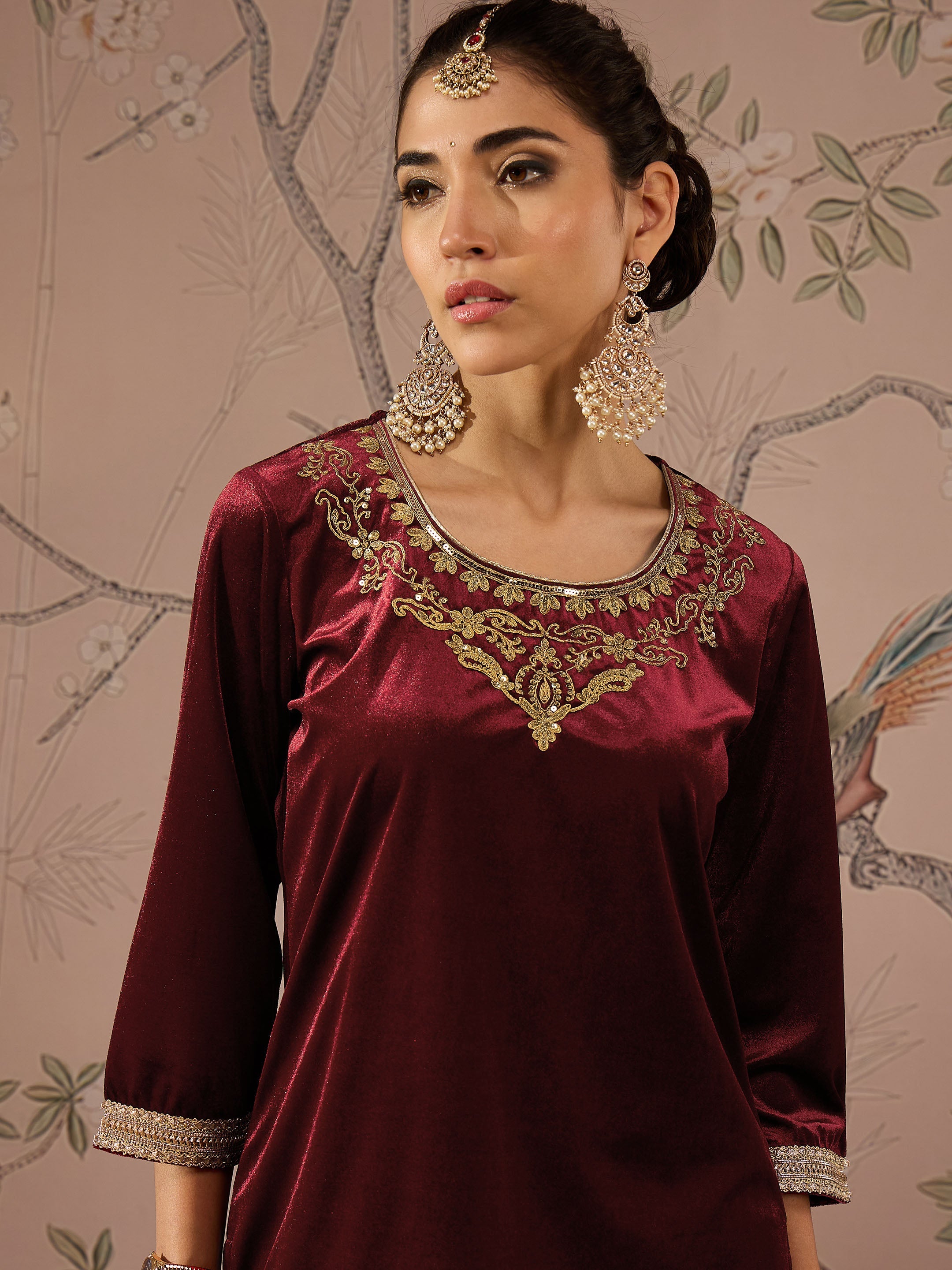 Maroon Velvet Embroidered Short Kurta With Palazzo Pants -Shae by SASSAFRAS