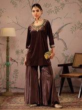 Brown Velvet Embroidered Short Kurta With Palazzo Pants-Shae by SASSAFRAS