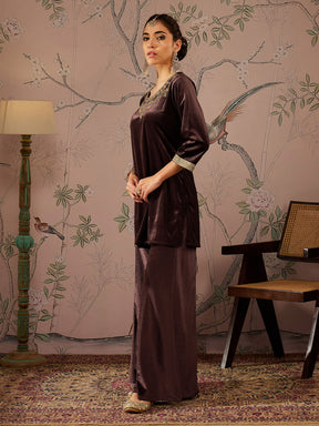 Brown Velvet Embroidered Short Kurta With Palazzo Pants-Shae by SASSAFRAS