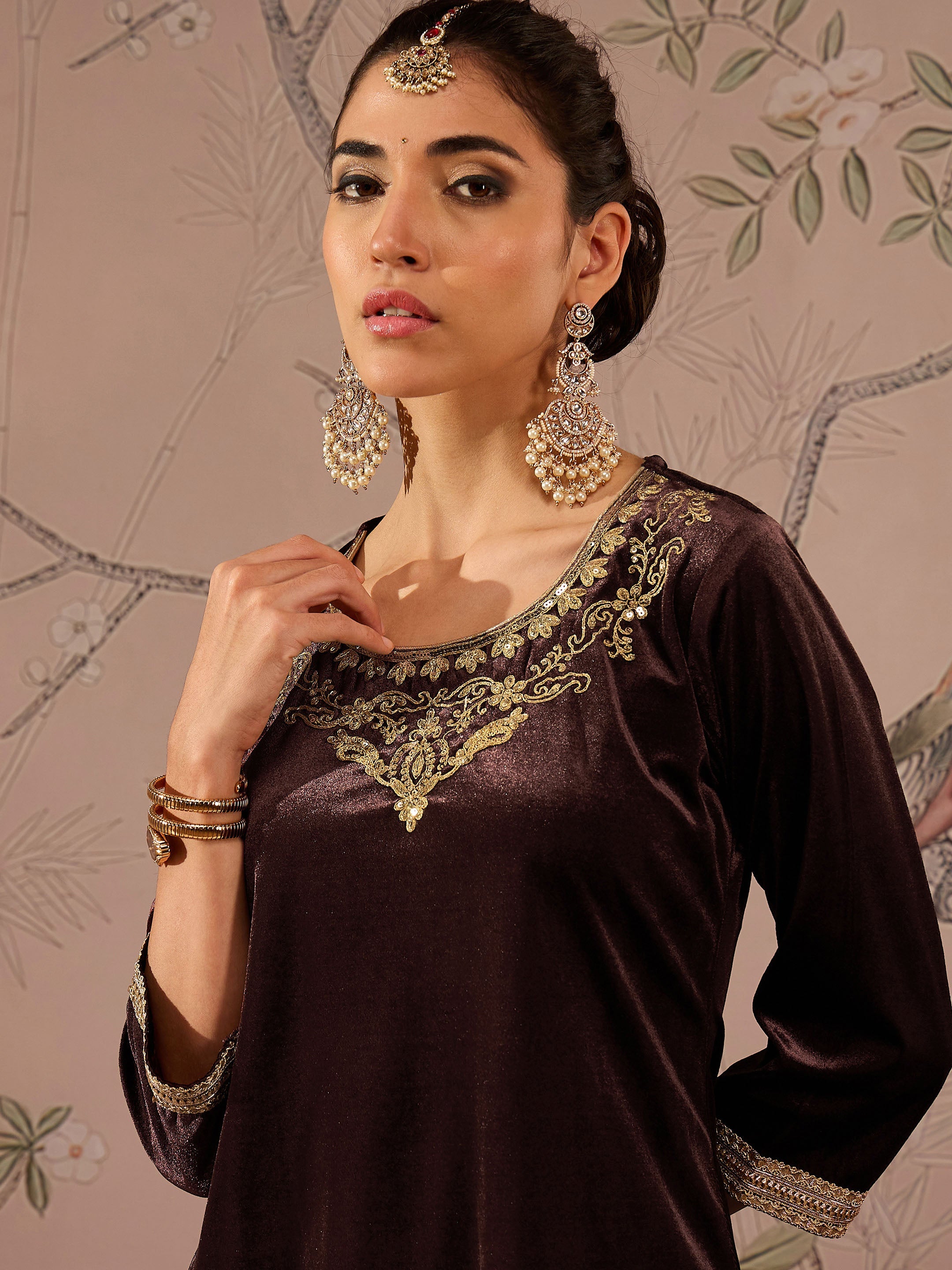 Brown Velvet Embroidered Short Kurta With Palazzo Pants-Shae by SASSAFRAS