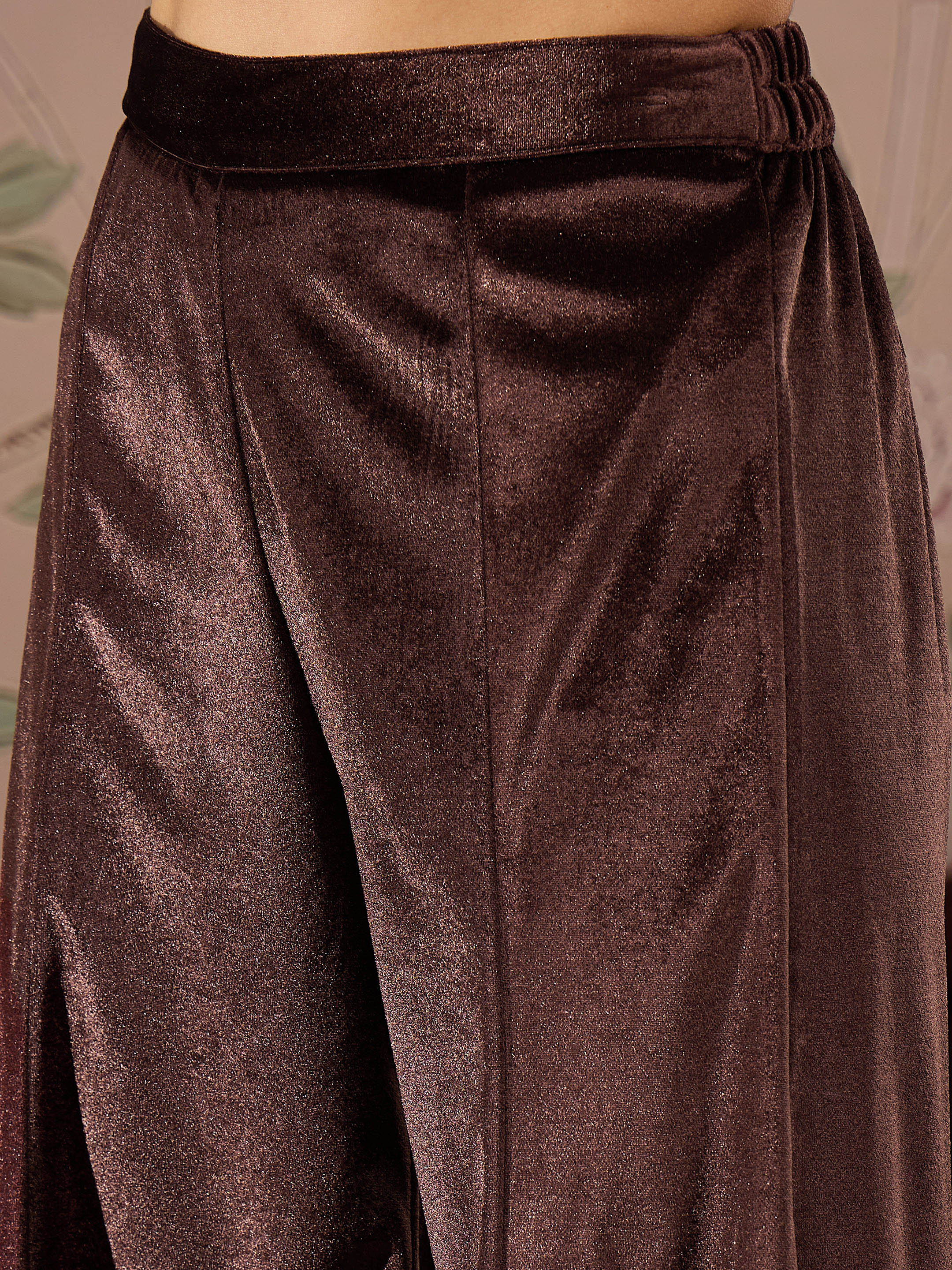 Brown Velvet Embroidered Short Kurta With Palazzo Pants-Shae by SASSAFRAS