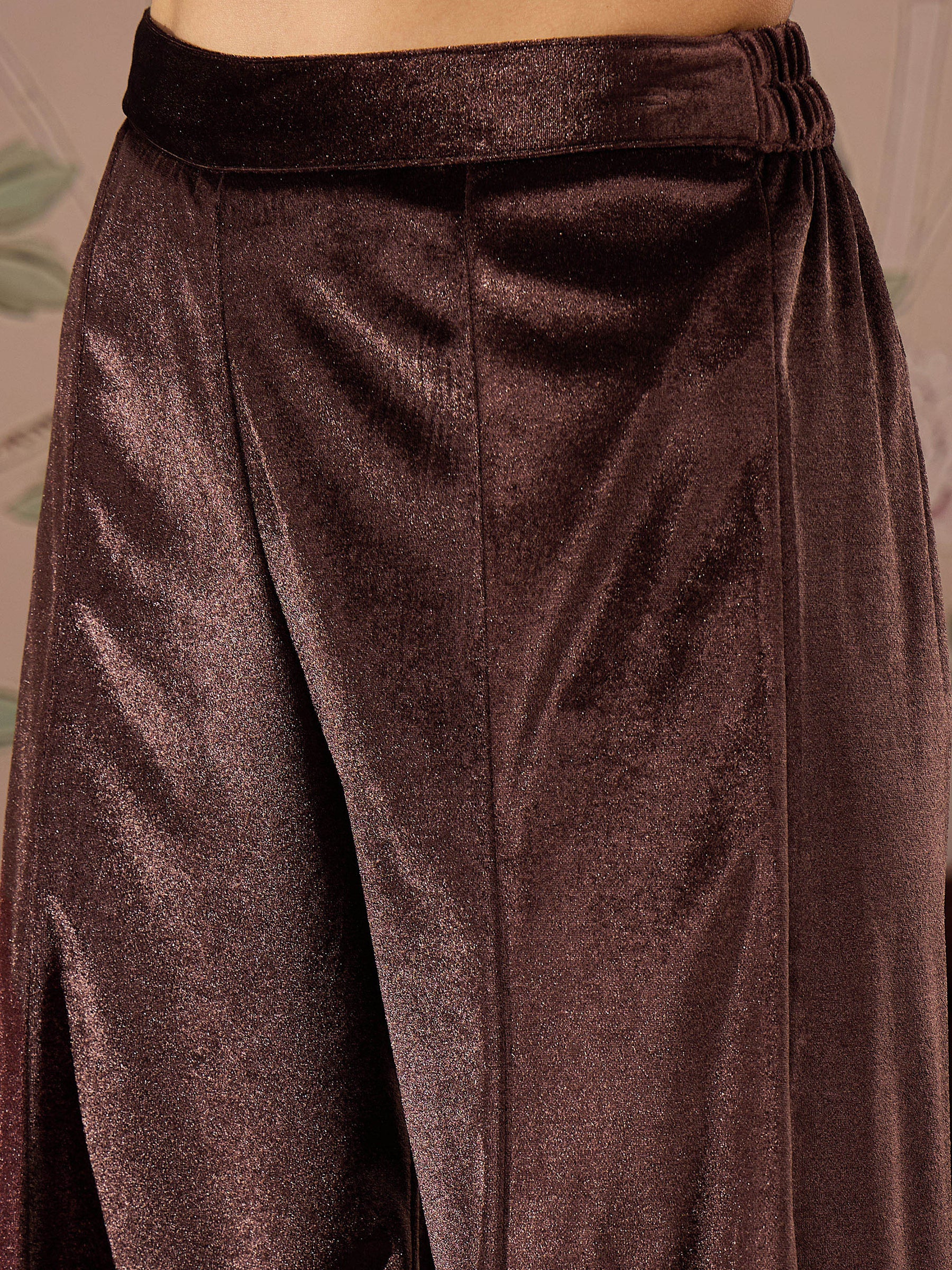 Brown Velvet Embroidered Short Kurta With Palazzo Pants-Shae by SASSAFRAS