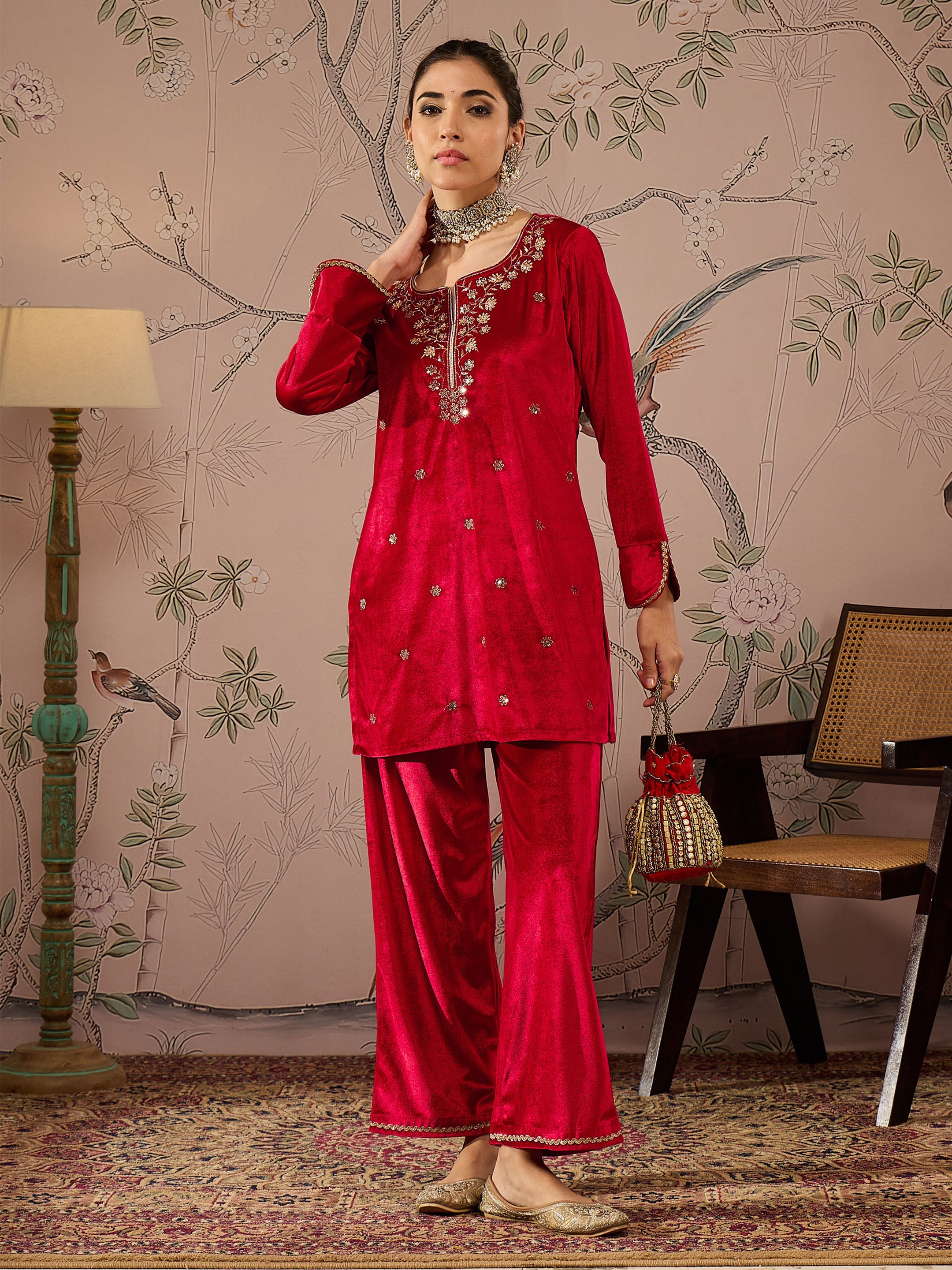 Red Velvet Embroidered Short Kurta With Straight Pants -Shae by SASSAFRAS