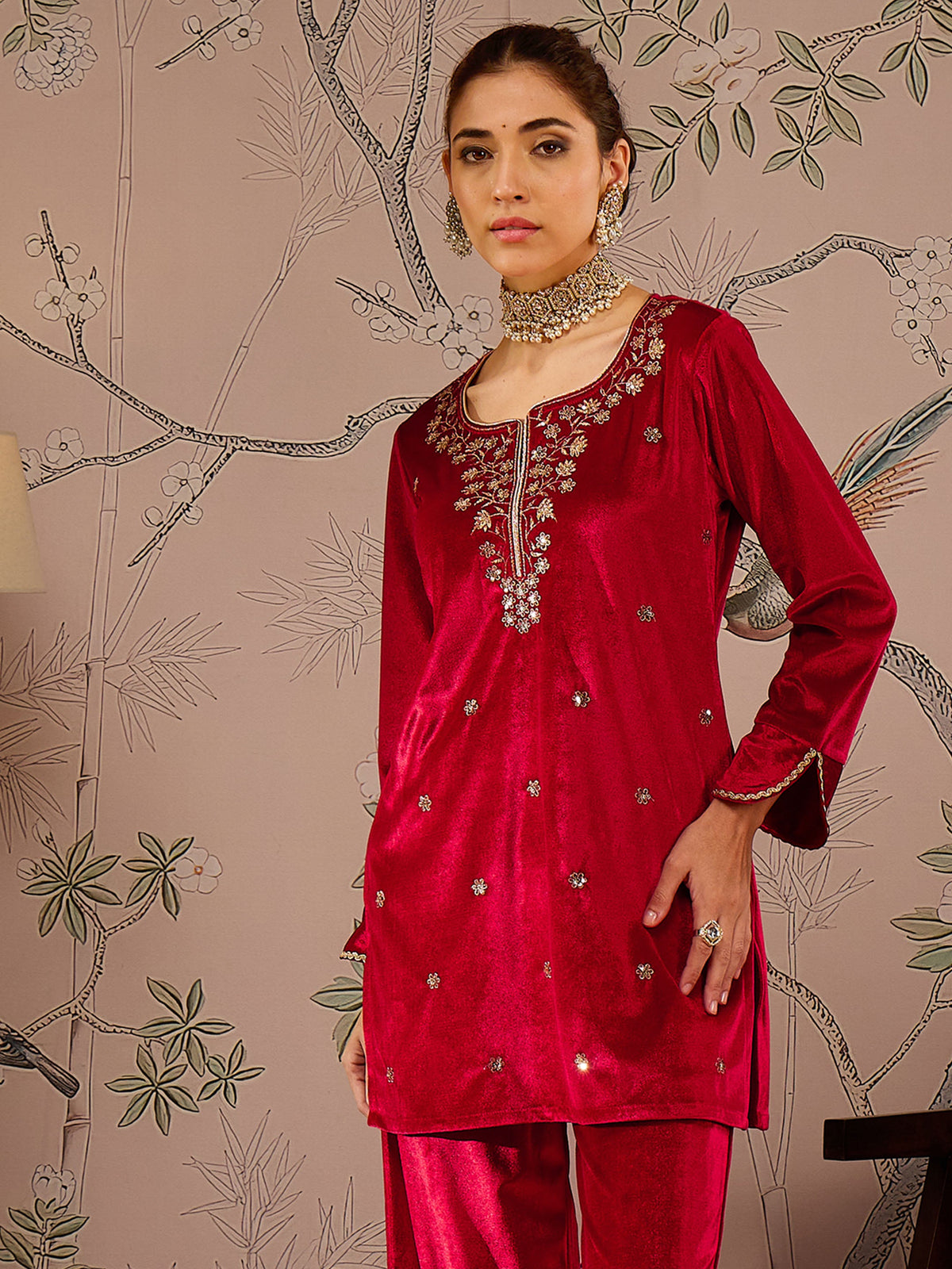 Red Velvet Embroidered Short Kurta With Straight Pants -Shae by SASSAFRAS