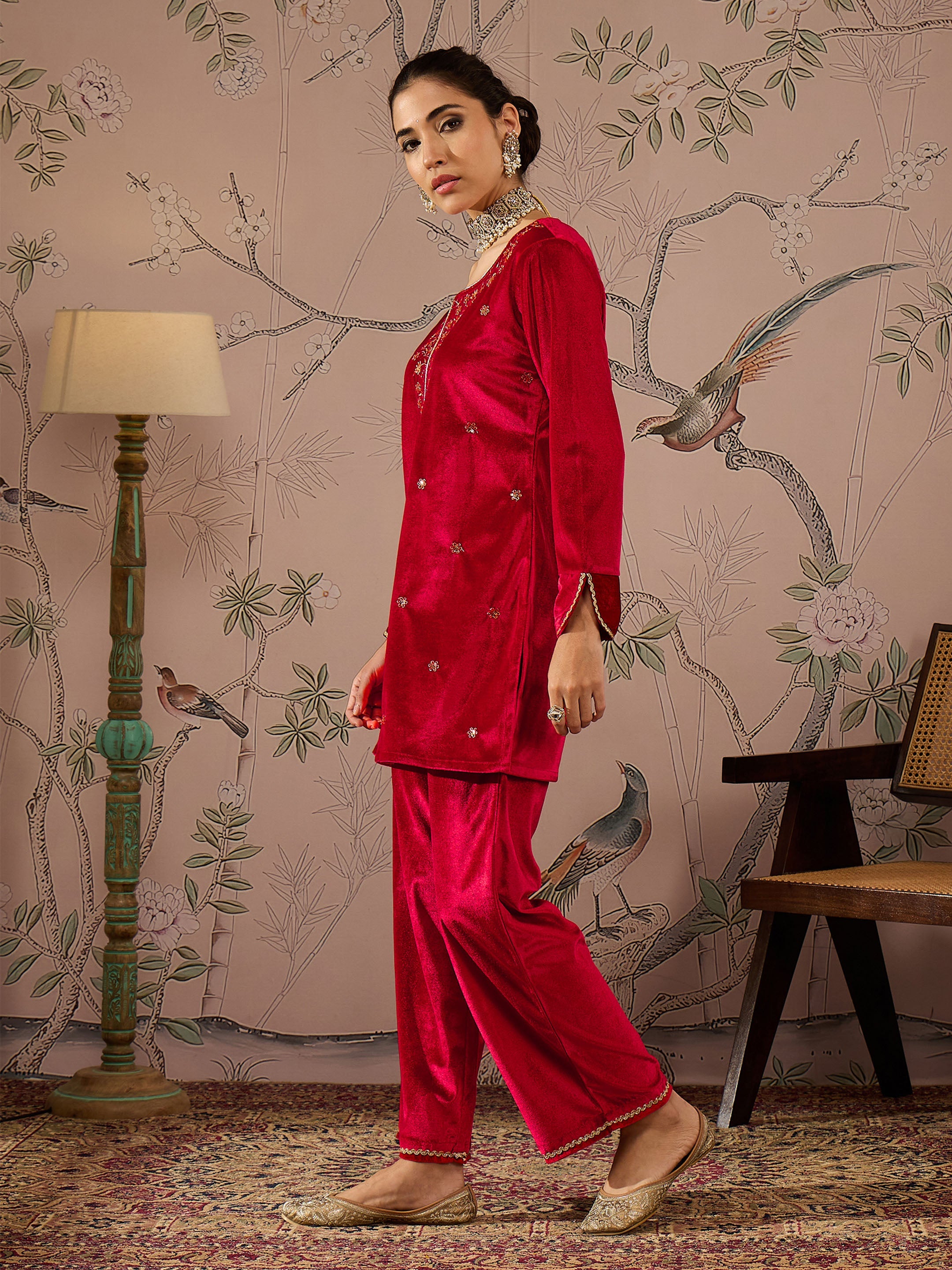 Red Velvet Embroidered Short Kurta With Straight Pants -Shae by SASSAFRAS