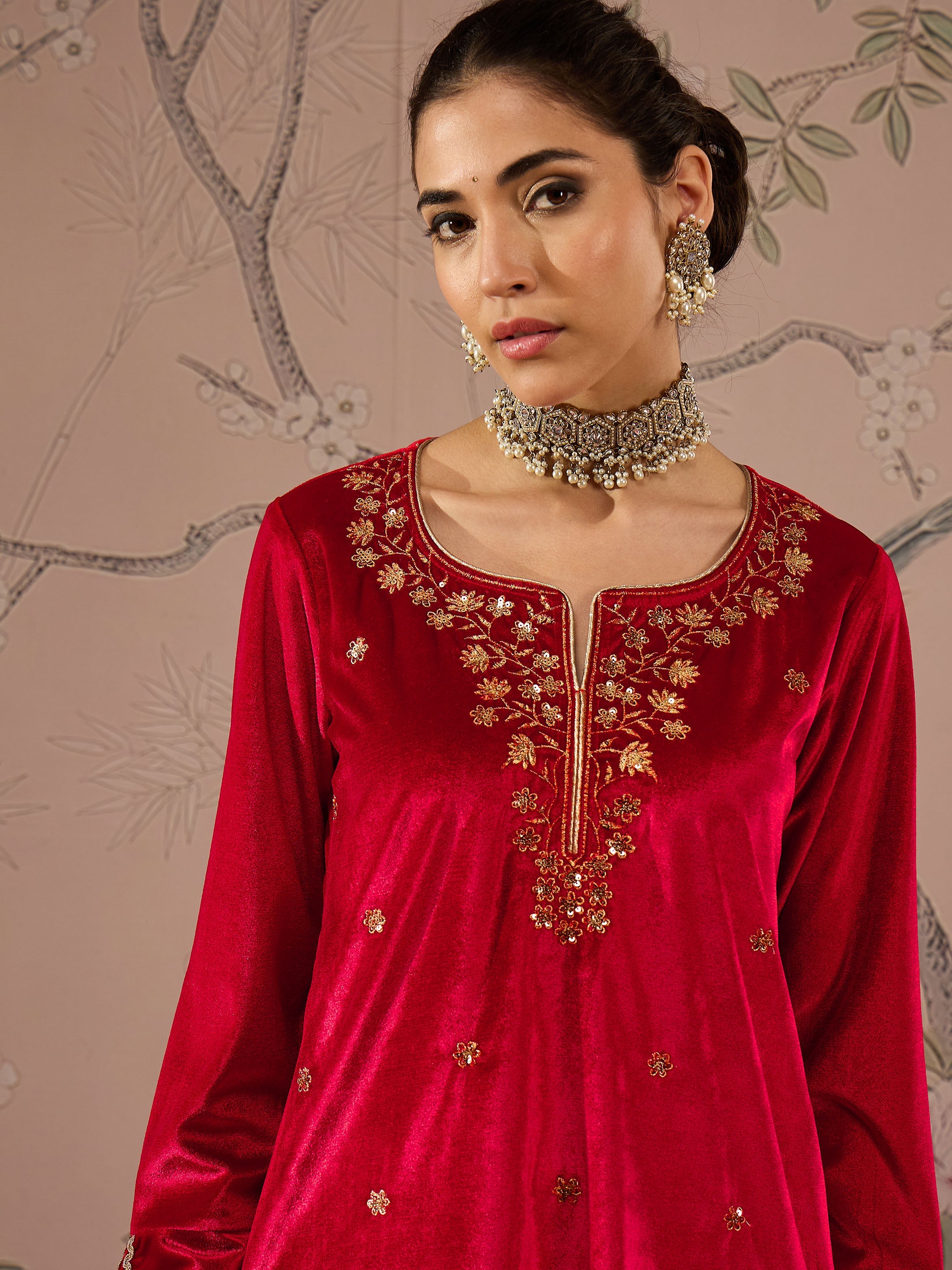 Red Velvet Embroidered Short Kurta With Straight Pants -Shae by SASSAFRAS