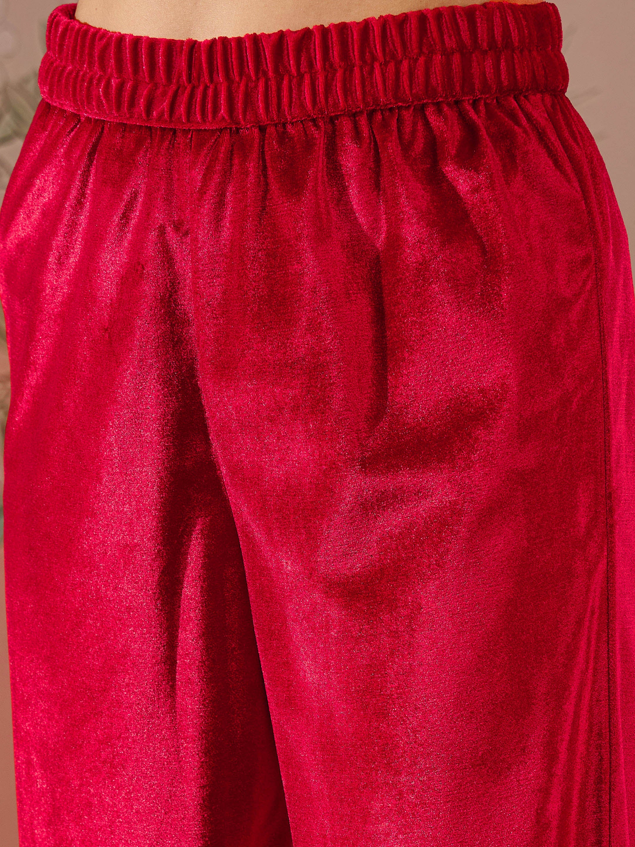 Red Velvet Embroidered Short Kurta With Straight Pants -Shae by SASSAFRAS