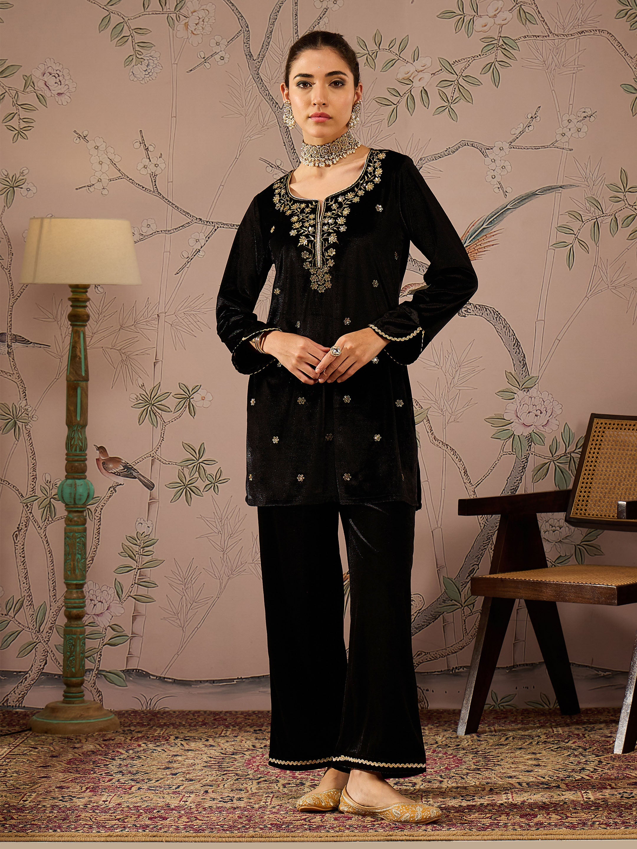 Black Velvet Embroidered Short Kurta With Straight Pants -Shae by SASSAFRAS