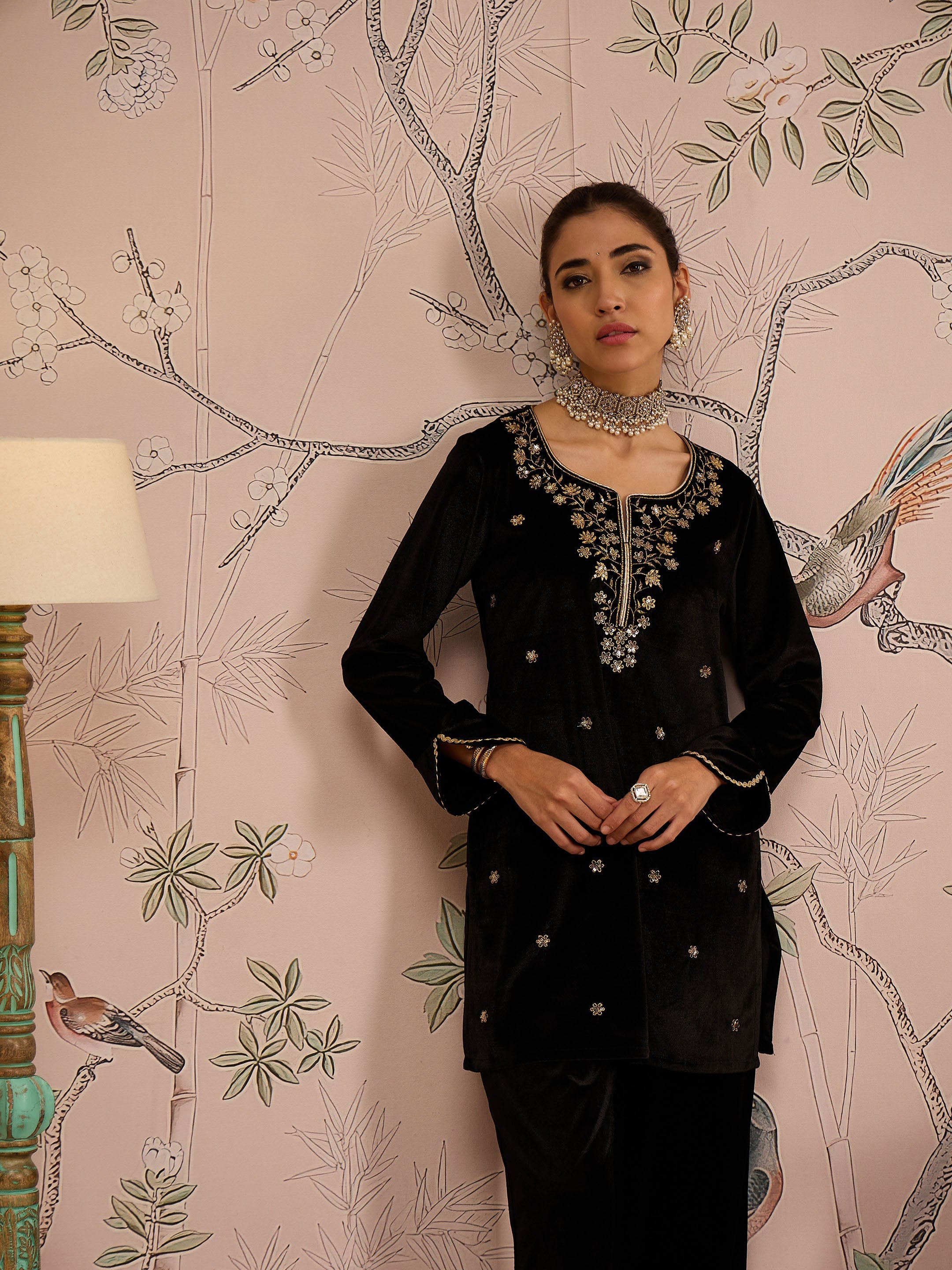 Black Velvet Embroidered Short Kurta With Straight Pants -Shae by SASSAFRAS