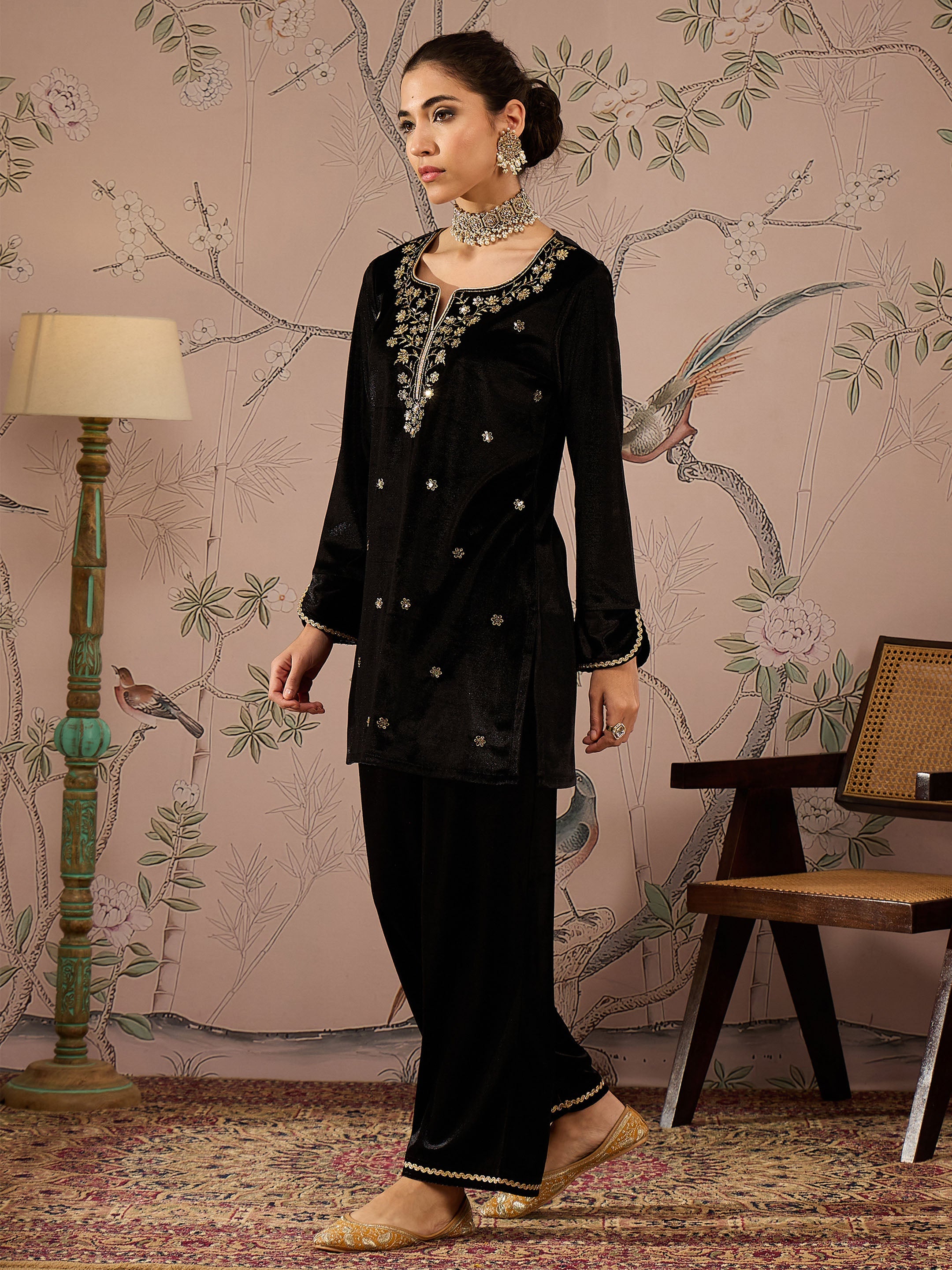 Black Velvet Embroidered Short Kurta With Straight Pants -Shae by SASSAFRAS