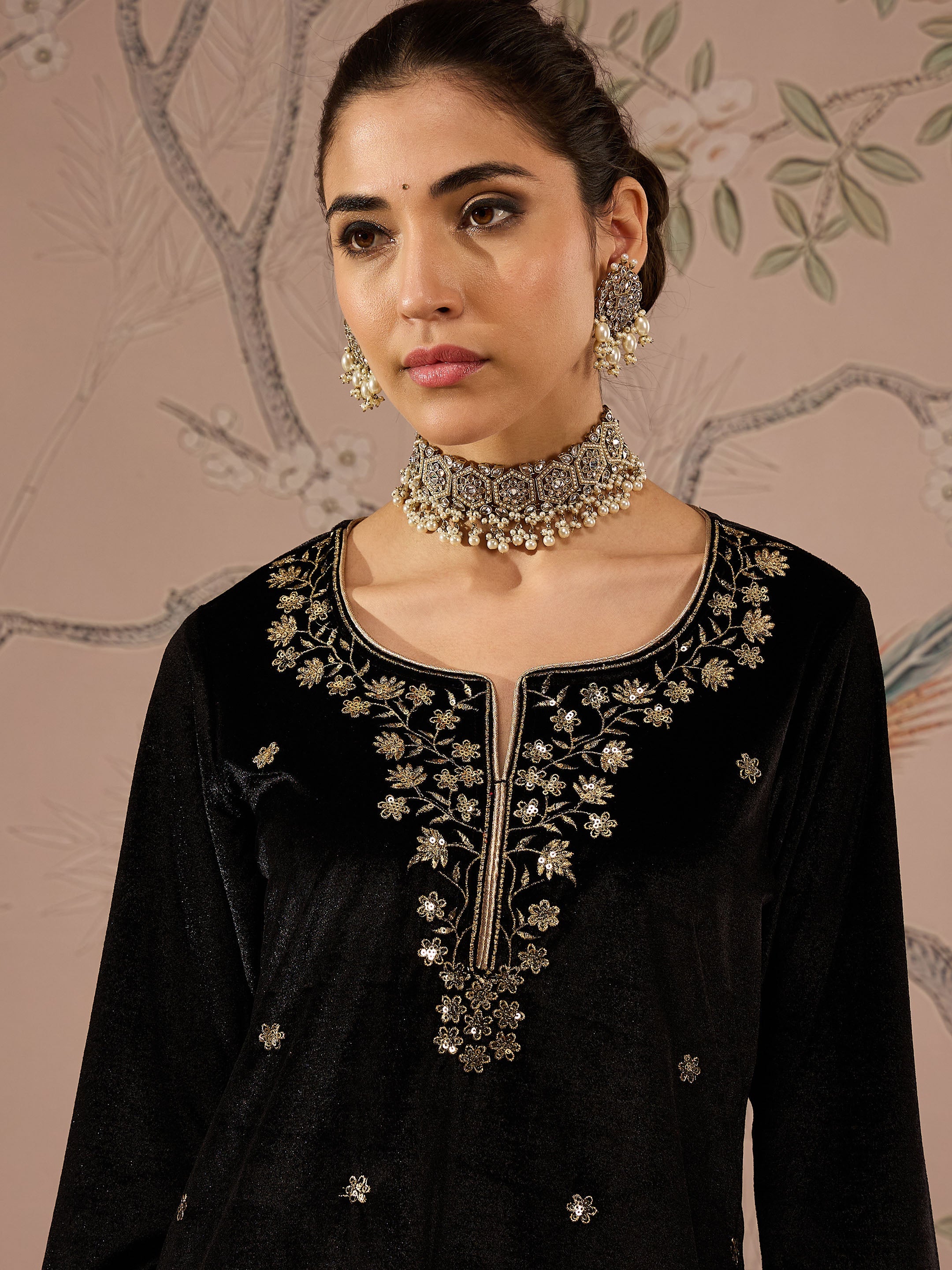 Black Velvet Embroidered Short Kurta With Straight Pants -Shae by SASSAFRAS