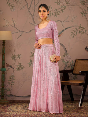 Pink Sequins Crop Top With Anarkali Skirt-Shae by SASSAFRAS