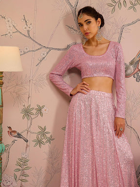 Pink Sequins Crop Top With Anarkali Skirt-Shae by SASSAFRAS