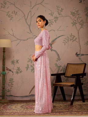 Pink Sequins Crop Top With Anarkali Skirt-Shae by SASSAFRAS