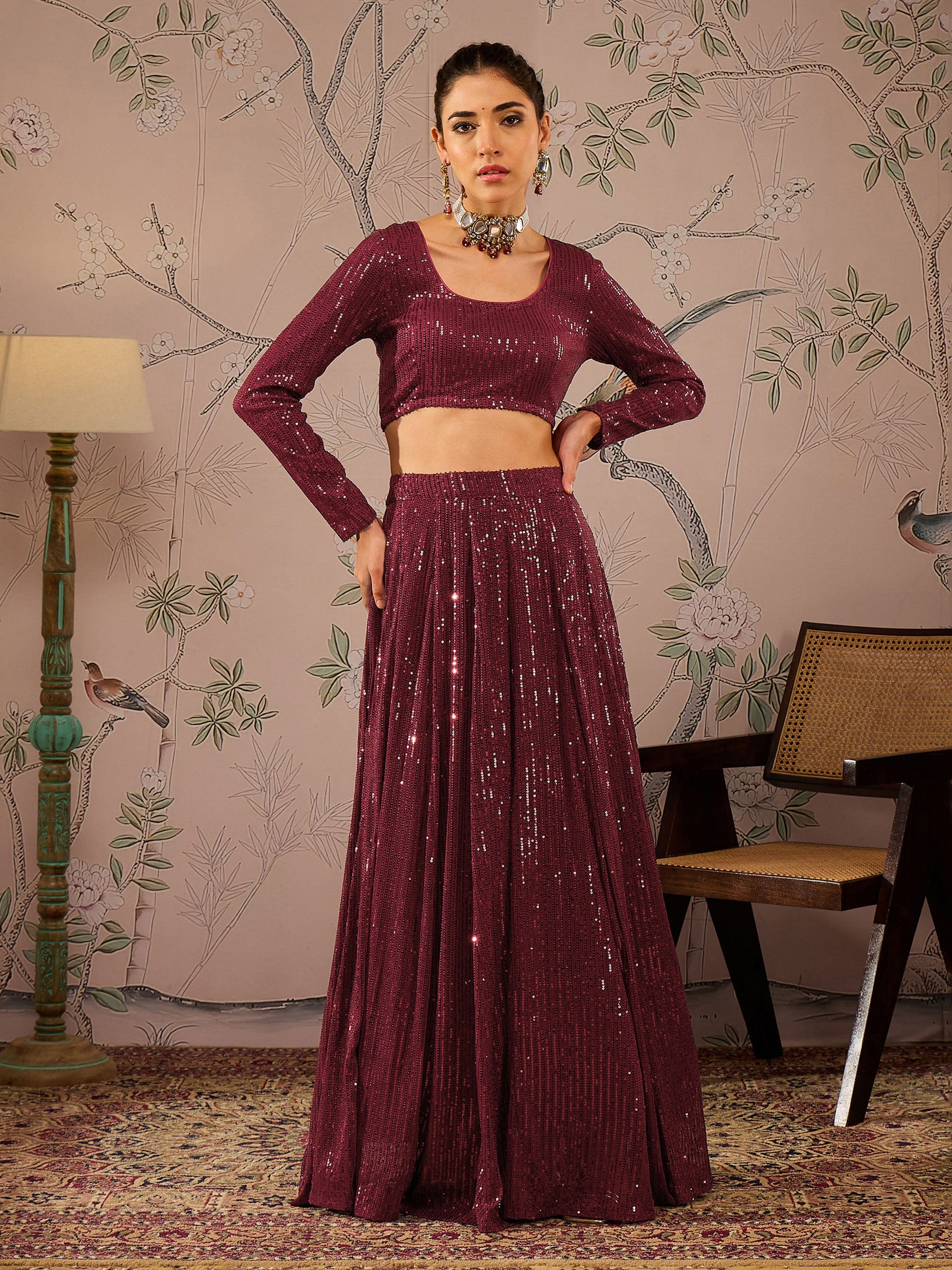 Maroon Sequins Crop Top With Anarkali Skirt-Shae by SASSAFRAS