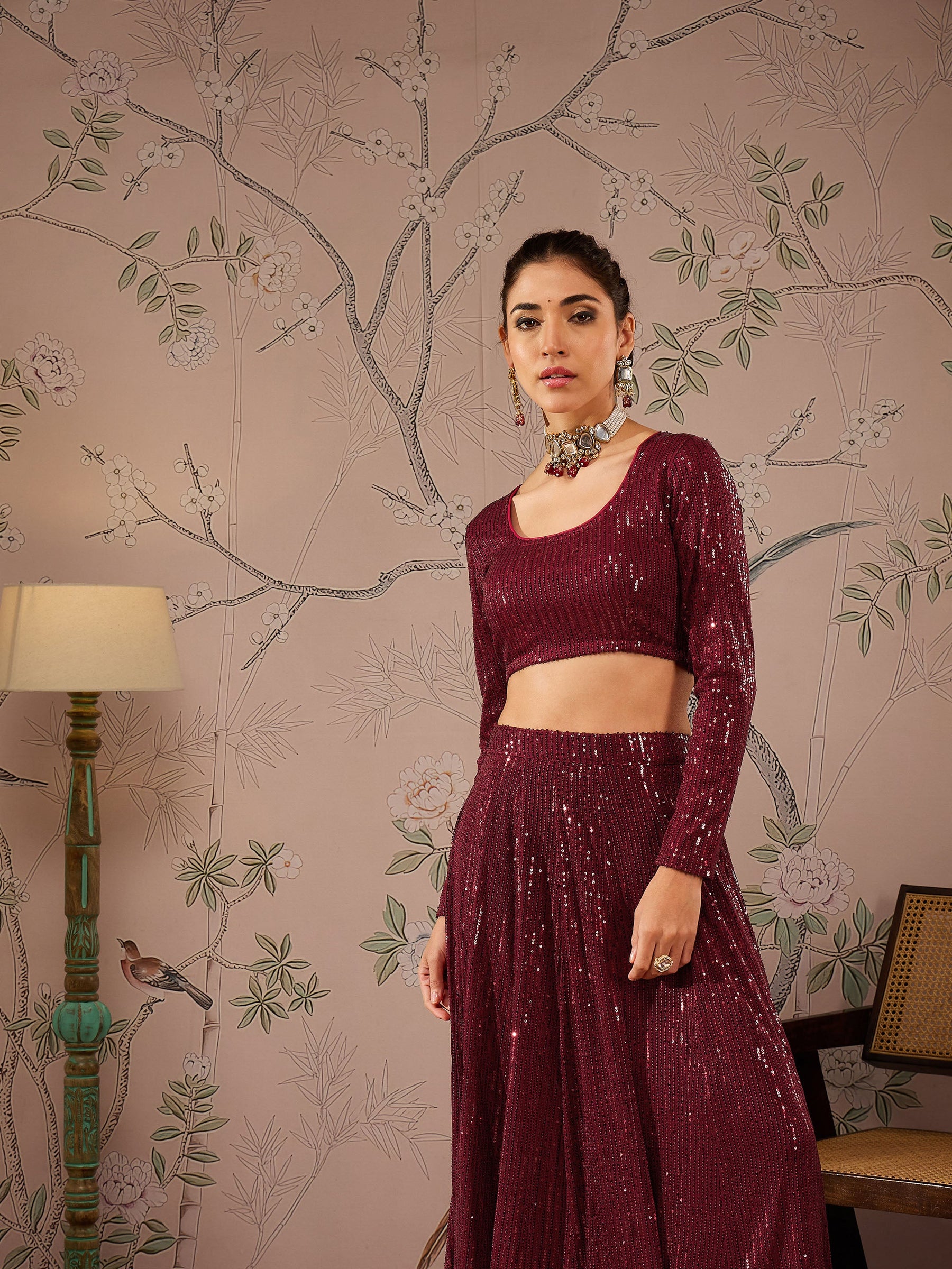 Maroon Sequins Crop Top With Anarkali Skirt-Shae by SASSAFRAS