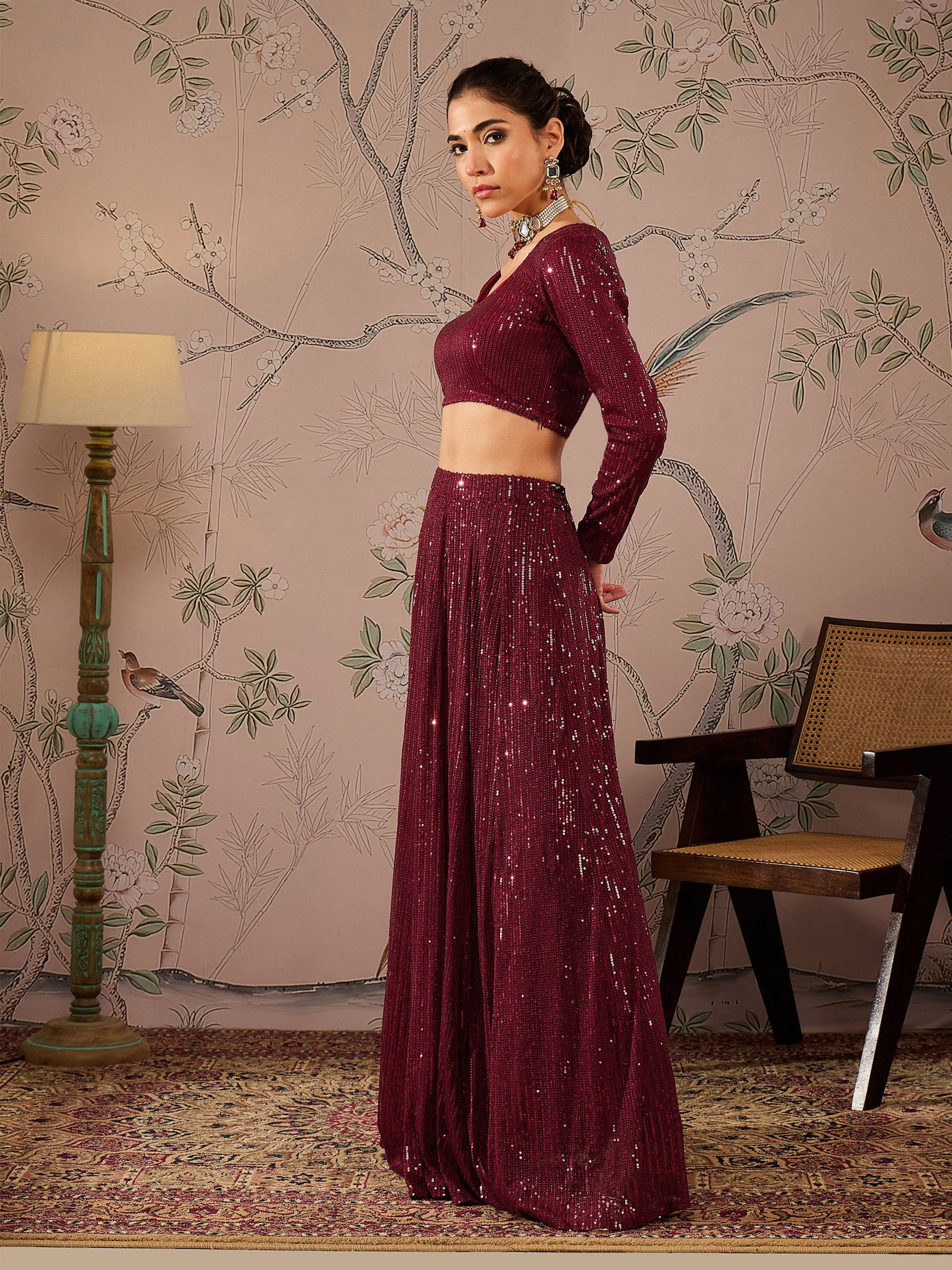 Maroon Sequins Crop Top With Anarkali Skirt-Shae by SASSAFRAS