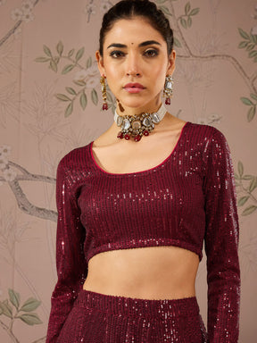 Maroon Sequins Crop Top With Anarkali Skirt-Shae by SASSAFRAS