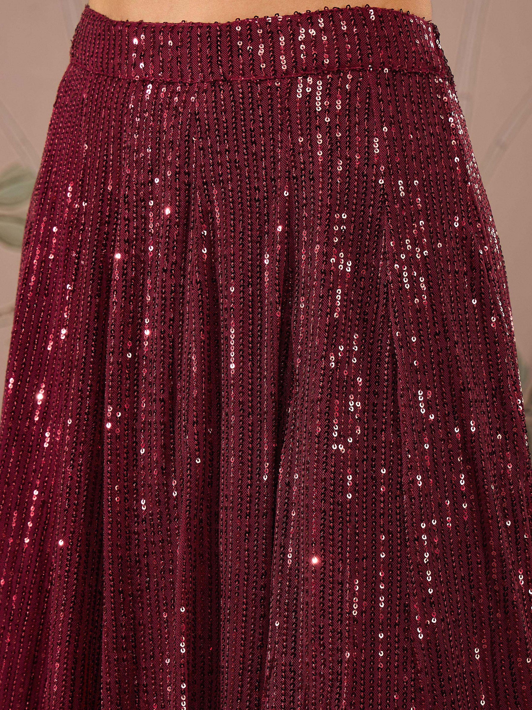 Maroon Sequins Crop Top With Anarkali Skirt-Shae by SASSAFRAS