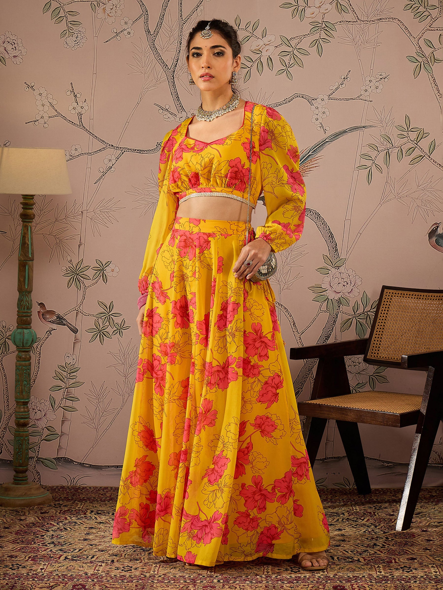 Yellow Floral Sweetheart Neck Crop Top With Anarkali Skirt-Shae by SASSAFRAS