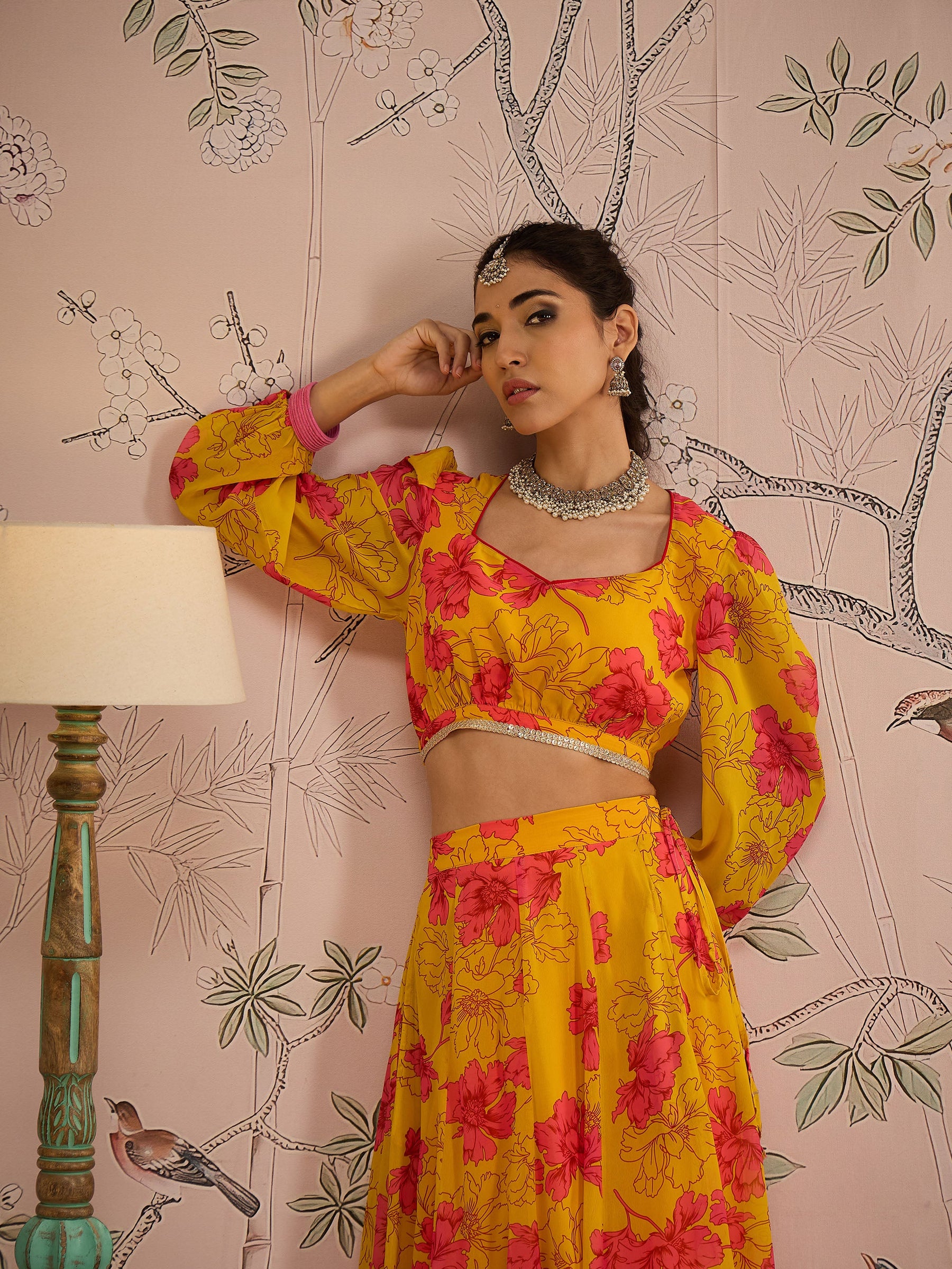 Yellow Floral Sweetheart Neck Crop Top With Anarkali Skirt-Shae by SASSAFRAS