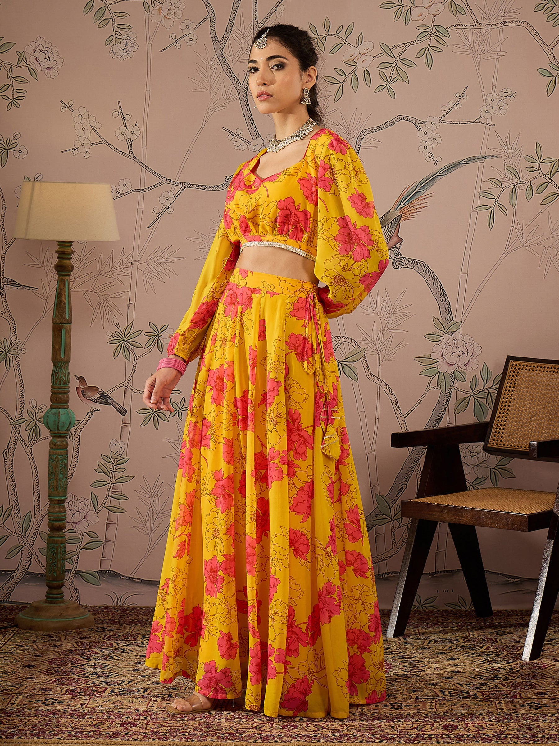 Yellow Floral Sweetheart Neck Crop Top With Anarkali Skirt-Shae by SASSAFRAS