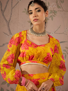 Yellow Floral Sweetheart Neck Crop Top With Anarkali Skirt-Shae by SASSAFRAS