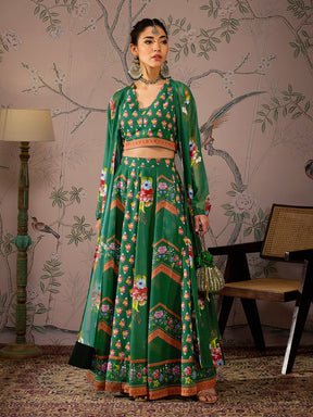 Green Multi Floral Crop Top With Anarkali Skirt & Shrug -Shae by SASSAFRAS