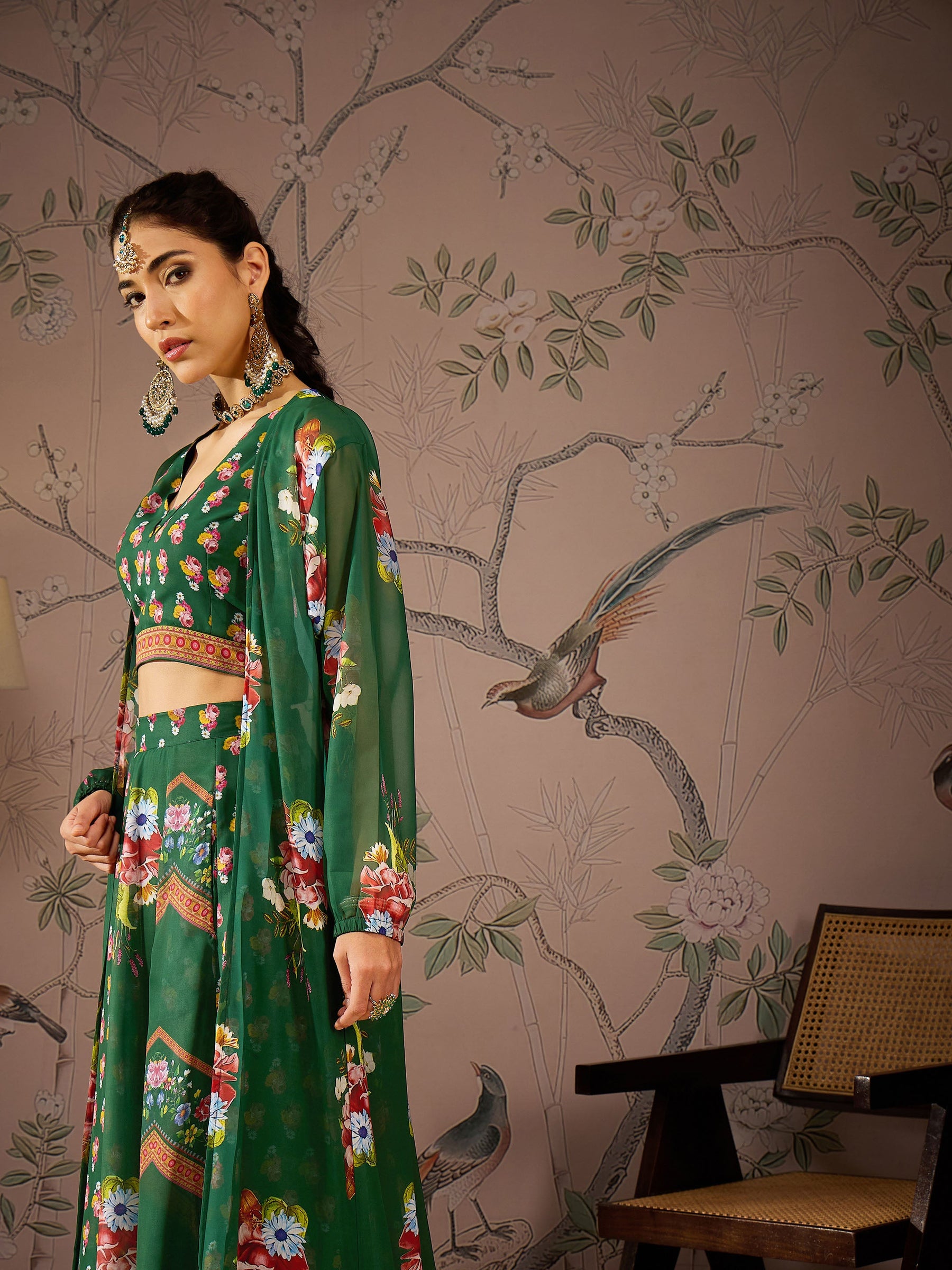 Green Multi Floral Crop Top With Anarkali Skirt & Shrug -Shae by SASSAFRAS