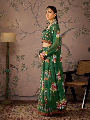 Green Multi Floral Crop Top With Anarkali Skirt & Shrug -Shae by SASSAFRAS