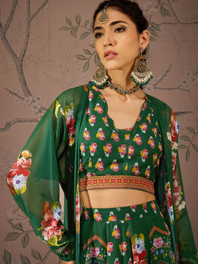 Green Multi Floral Crop Top With Anarkali Skirt & Shrug -Shae by SASSAFRAS