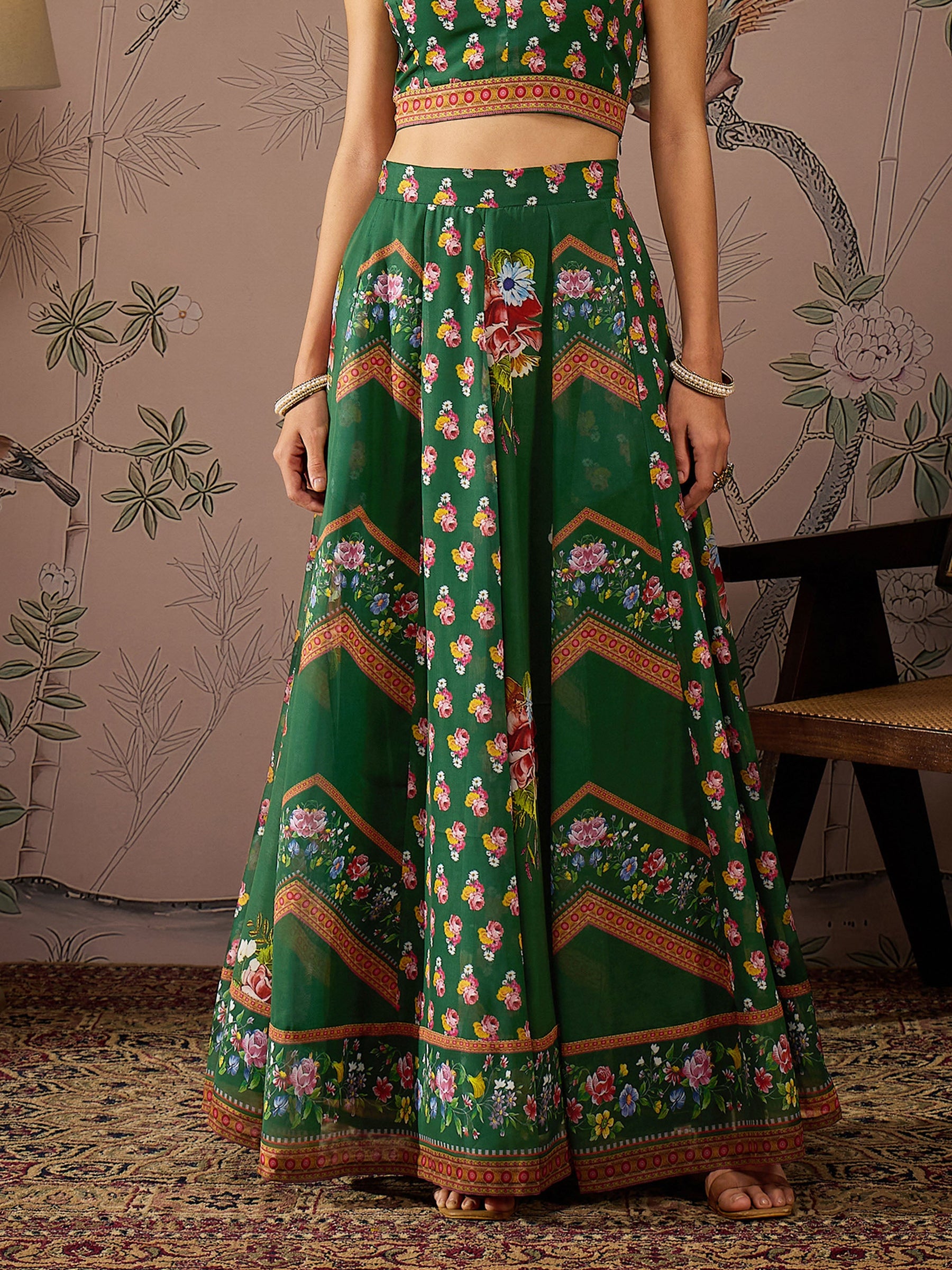 Green Multi Floral Crop Top With Anarkali Skirt & Shrug -Shae by SASSAFRAS