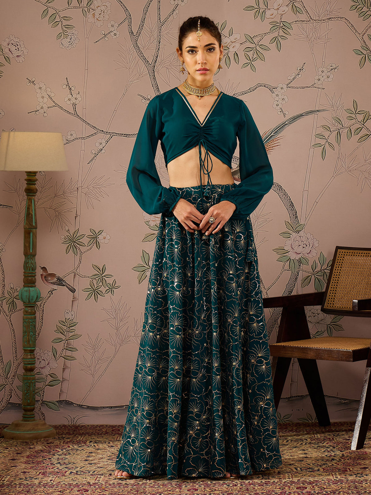 Teal Solid Crop Top With Sequins Anarkali Skirt -Shae by SASSAFRAS