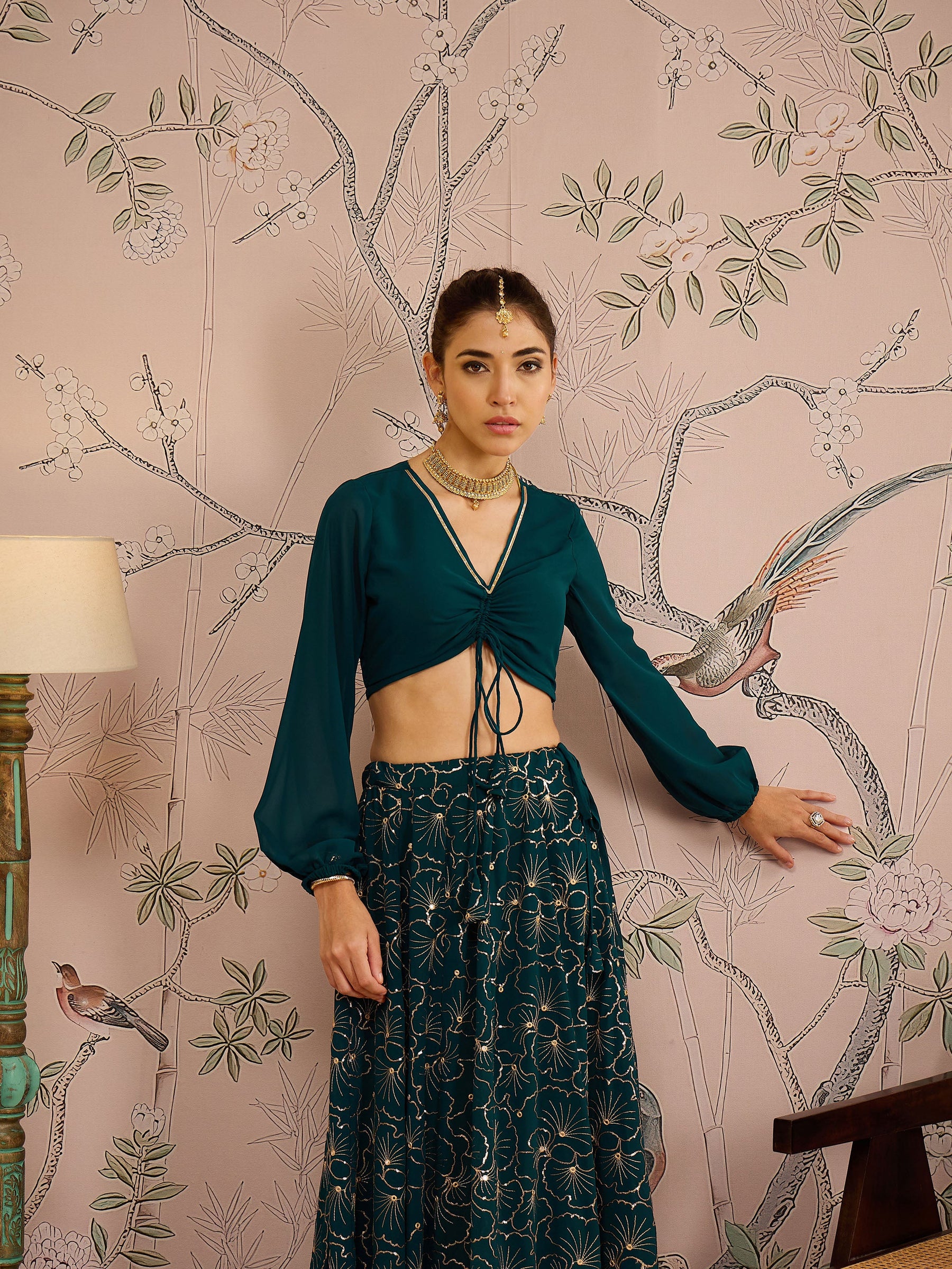 Teal Solid Crop Top With Sequins Anarkali Skirt -Shae by SASSAFRAS