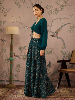 Teal Solid Crop Top With Sequins Anarkali Skirt -Shae by SASSAFRAS