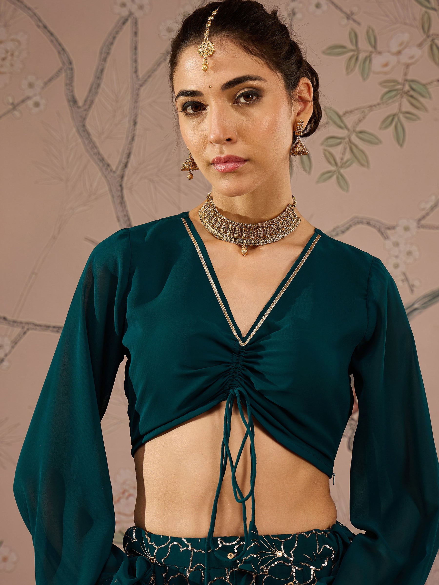 Teal Solid Crop Top With Sequins Anarkali Skirt -Shae by SASSAFRAS