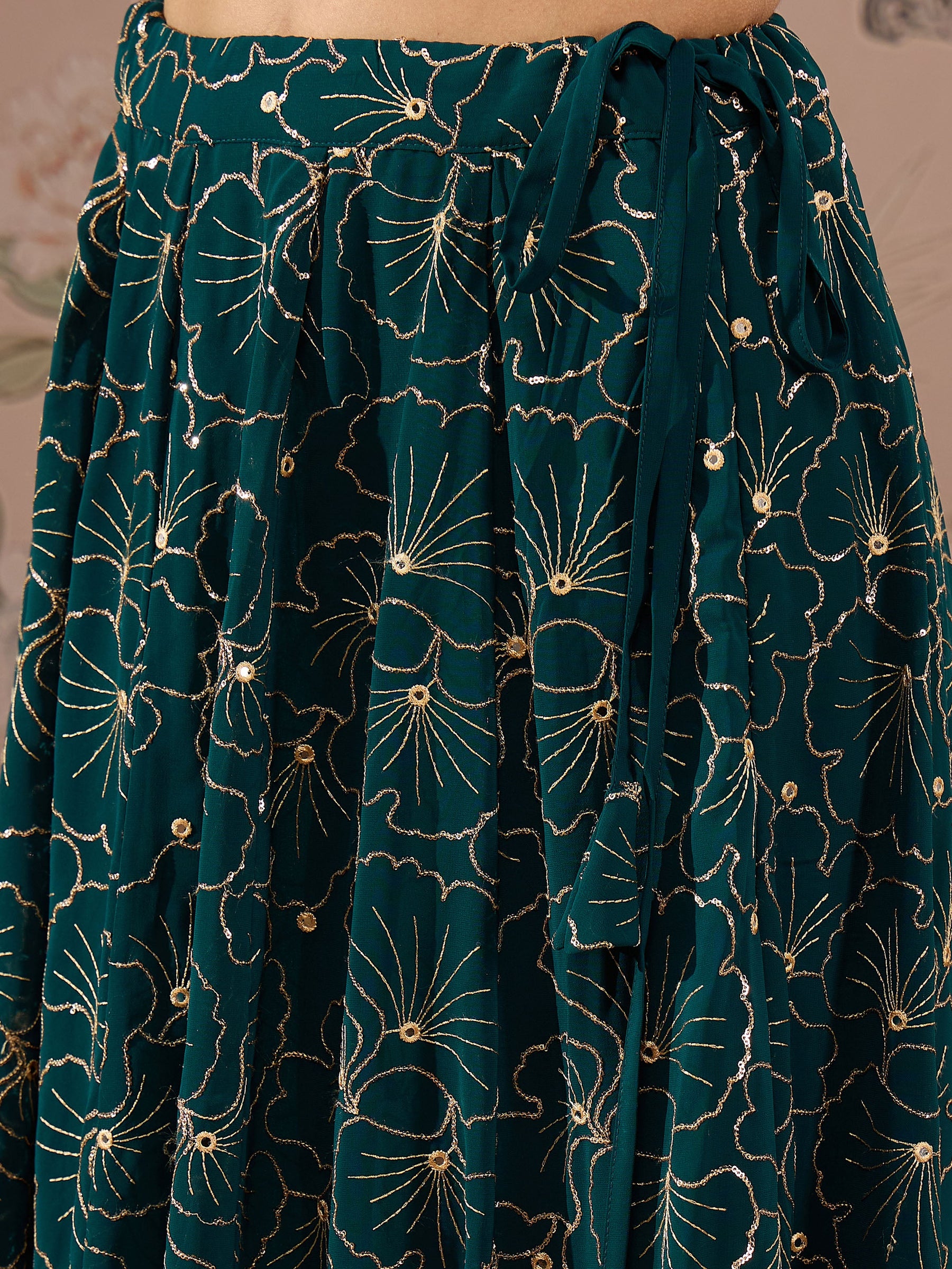 Teal Solid Crop Top With Sequins Anarkali Skirt -Shae by SASSAFRAS