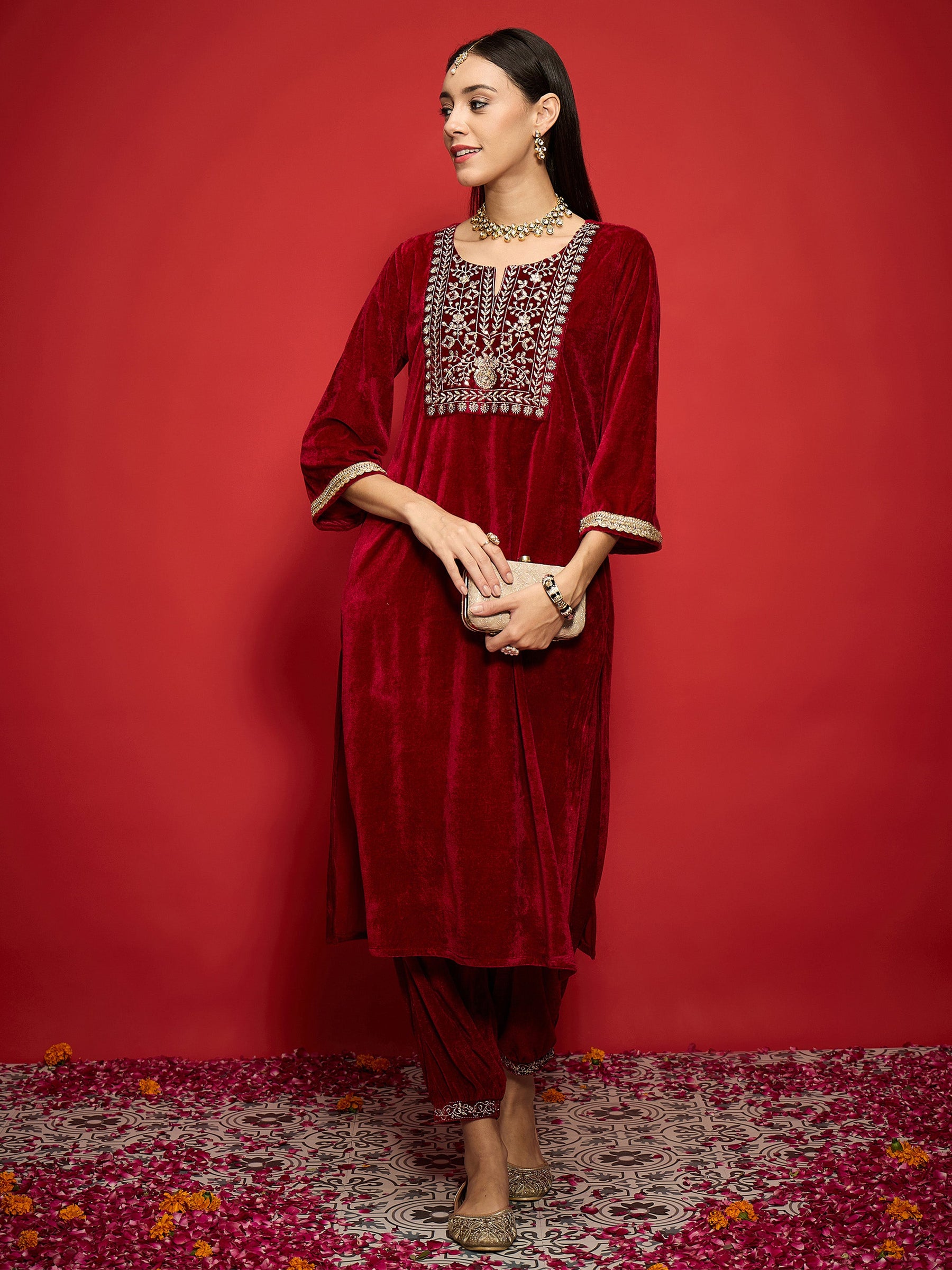 Maroon Velvet Front Emb Kurta With Afghani Pants-Shae by SASSAFRAS