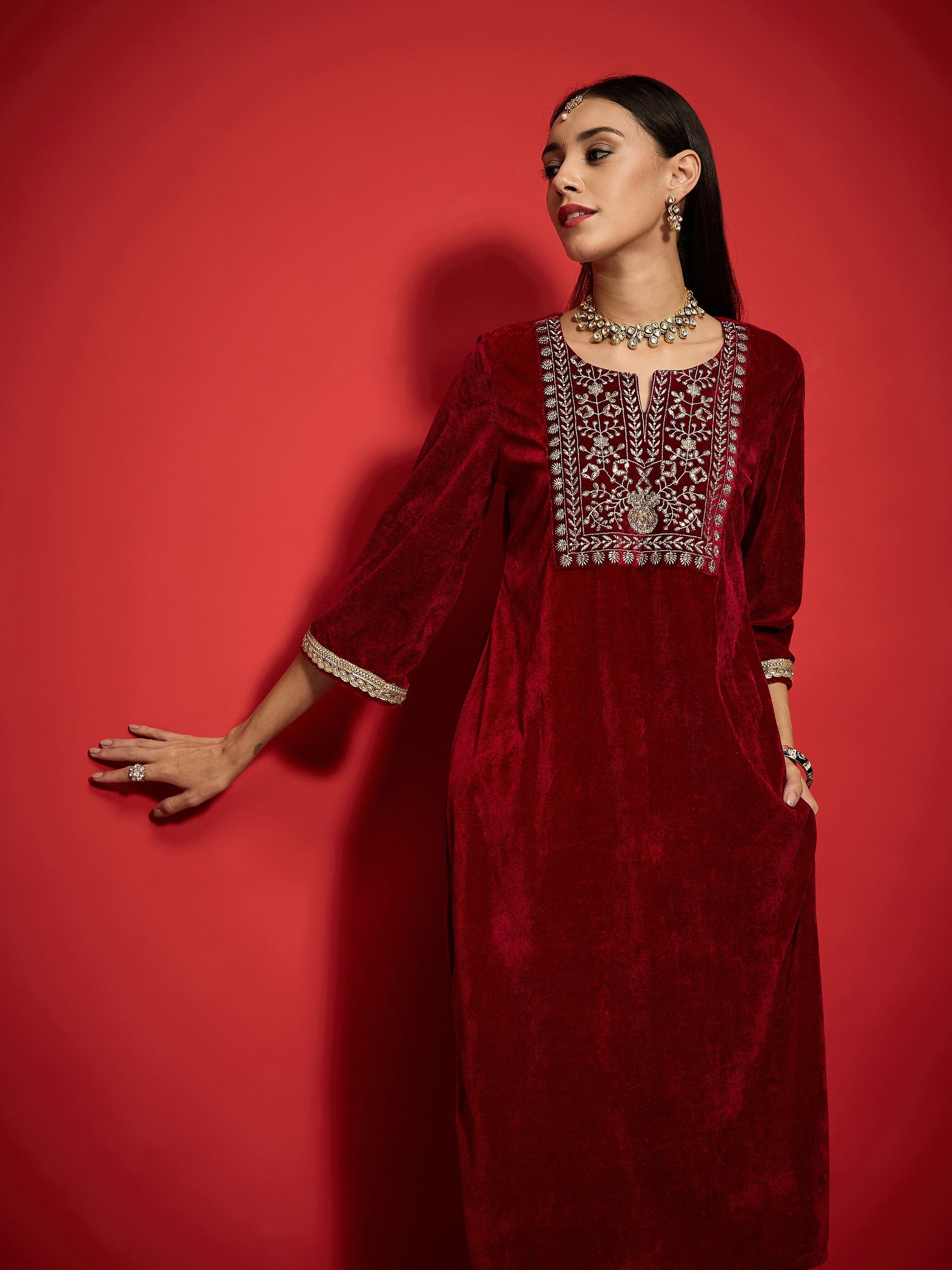 Maroon Velvet Front Emb Kurta With Afghani Pants-Shae by SASSAFRAS